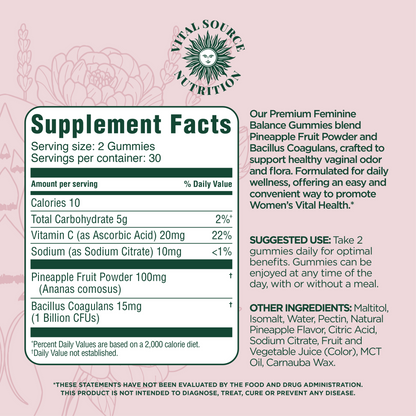 Vital Source Nutrition Vaginal Probiotic Gummies for Women - pH Balance and Immune Defense, Support Healthy Odor and Vaginal Flora - Vegan, Gluten-Free - Hawaiian Pineapple - 60 Gummies - 30 Servings